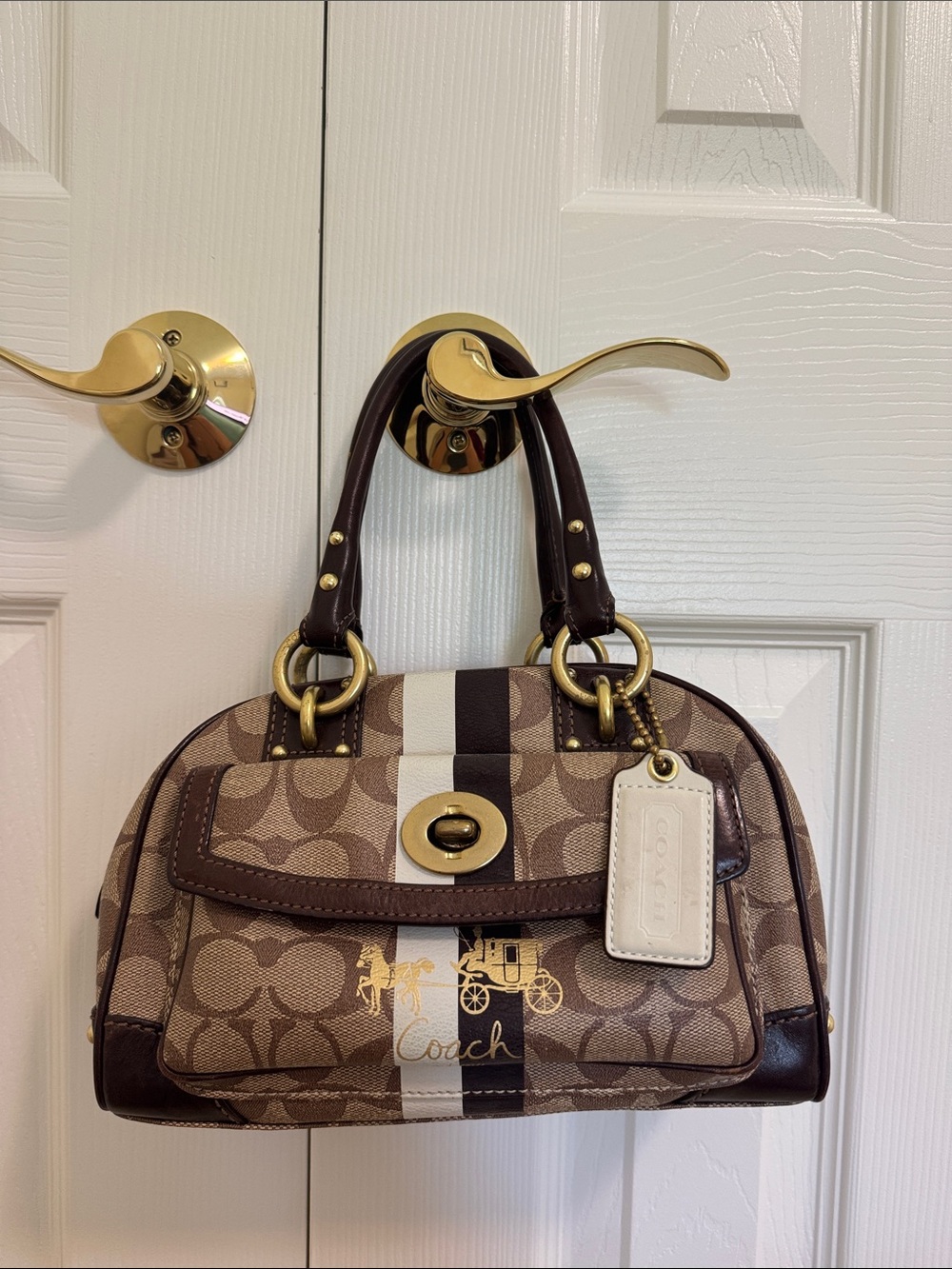 Vintage Coach Heritage Stripe Domed Satchel Bag | Brown/Cream | Yellow Inside